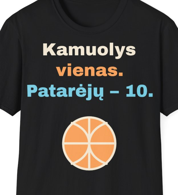 Kamuolys vienas. Patarėjų – 10. – Marškinėliai, artimas spaudos vaizdas