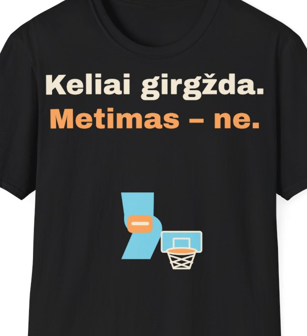 Keliai girgžda. Metimas – ne. – Marškinėliai, artimas spaudos vaizdas