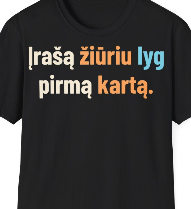 Įrašą žiūriu lyg pirmą kartą. – Marškinėliai, artimas spaudos vaizdas