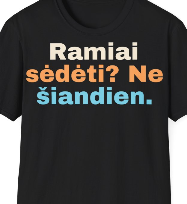 Ramiai sėdėti? Ne šiandien. – Marškinėliai, artimas spaudos vaizdas