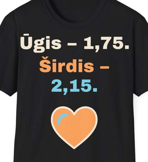 Ūgis – 1,75. Širdis – 2,15. – Marškinėliai, artimas spaudos vaizdas