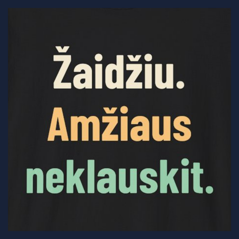 Žaidžiu. Amžiaus neklauskit. · Marškinėliai · Užrašo stambus planas