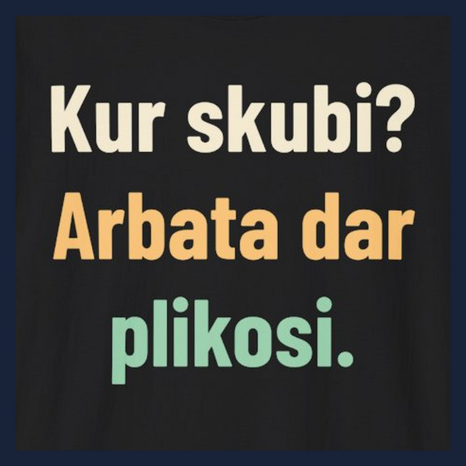 Kur skubi? Arbata dar plikosi. · Marškinėliai · Užrašo stambus planas