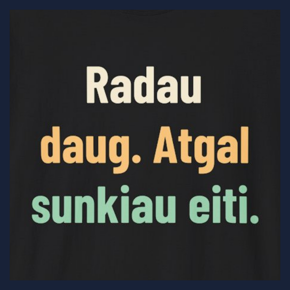 Radau daug. Atgal sunkiau eiti. · Marškinėliai · Užrašo stambus planas