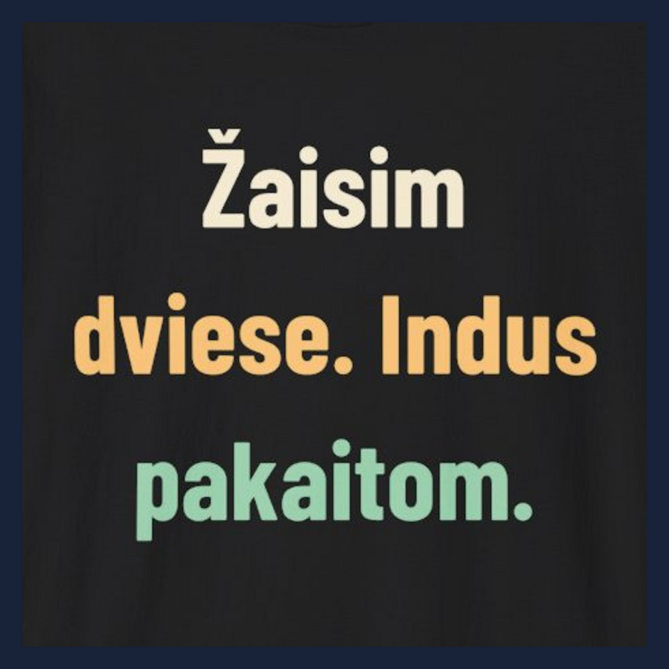 Žaisim dviese. Indus pakaitom. · Marškinėliai · Užrašo stambus planas