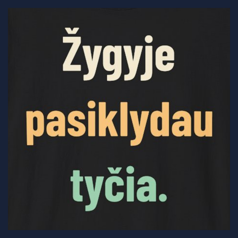 Žygyje pasiklydau tyčia. · Marškinėliai · Užrašo stambus planas