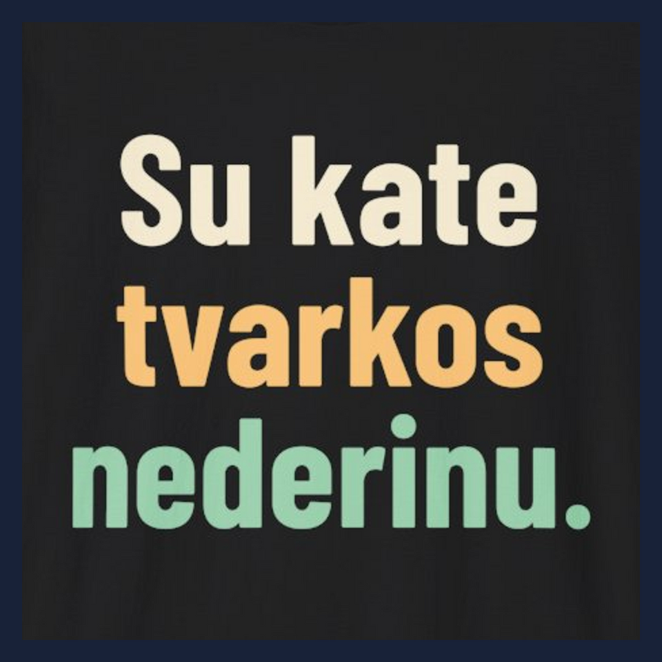 Su kate tvarkos nederinu. · Marškinėliai · Užrašo stambus planas
