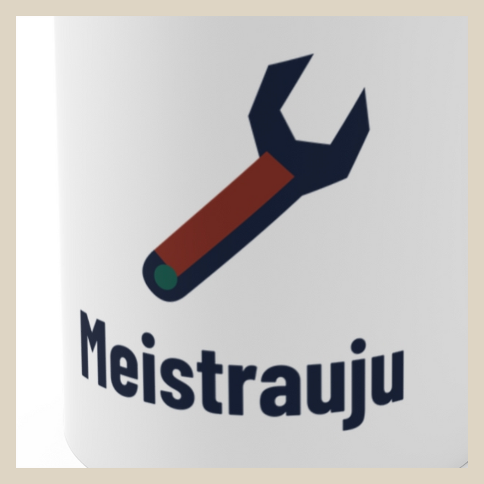 Meistrauju · Puodelis · Užrašo stambus planas
