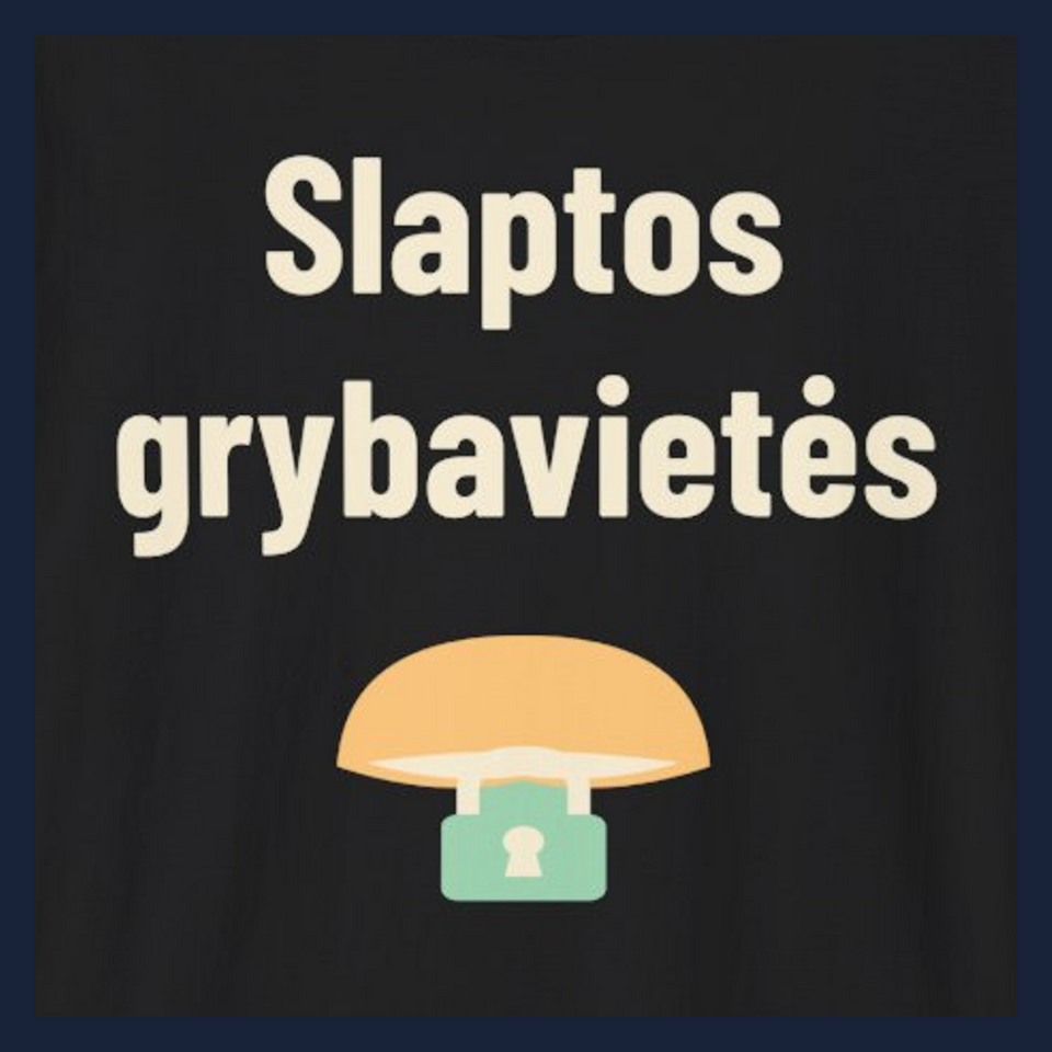 Slaptos grybavietės · Marškinėliai · Užrašo stambus planas