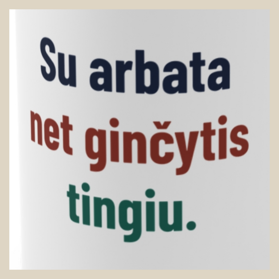Su arbata net ginčytis tingiu. · Puodelis · Užrašo stambus planas