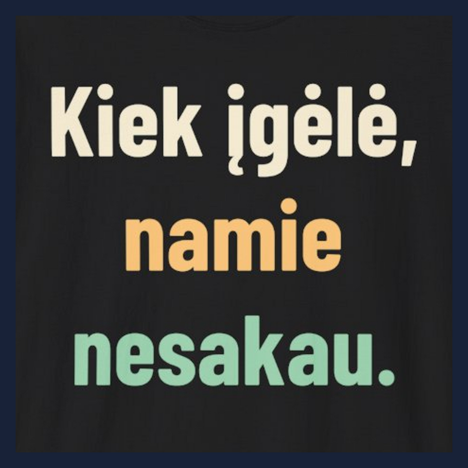 Kiek įgėlė, namie nesakau. · Marškinėliai · Užrašo stambus planas