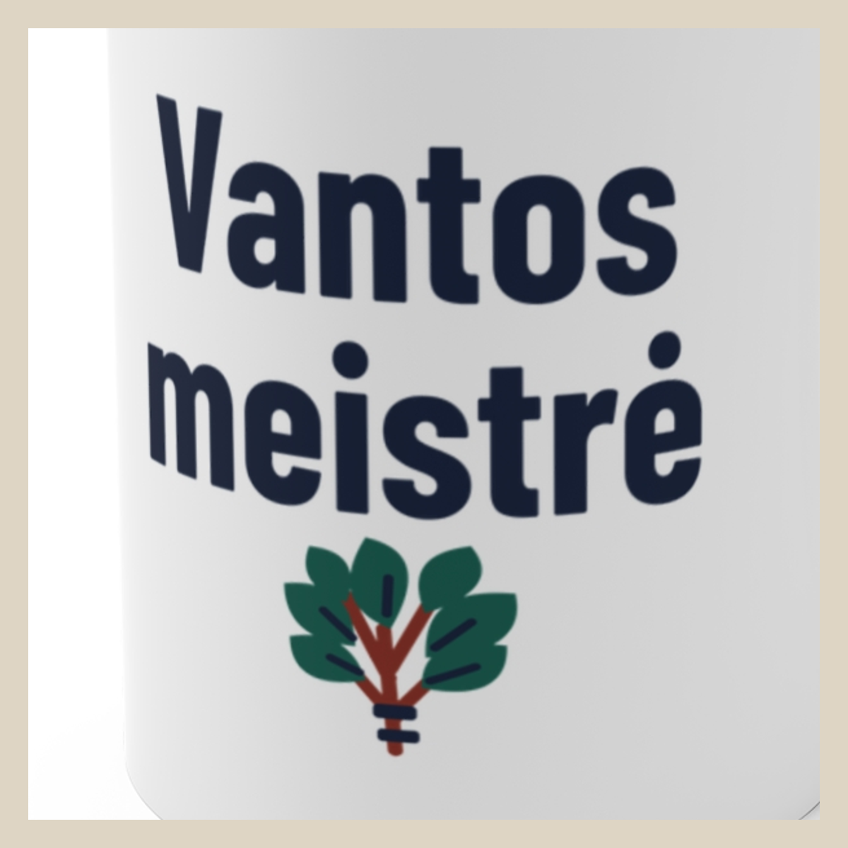 Vantos meistrė · Puodelis · Užrašo stambus planas