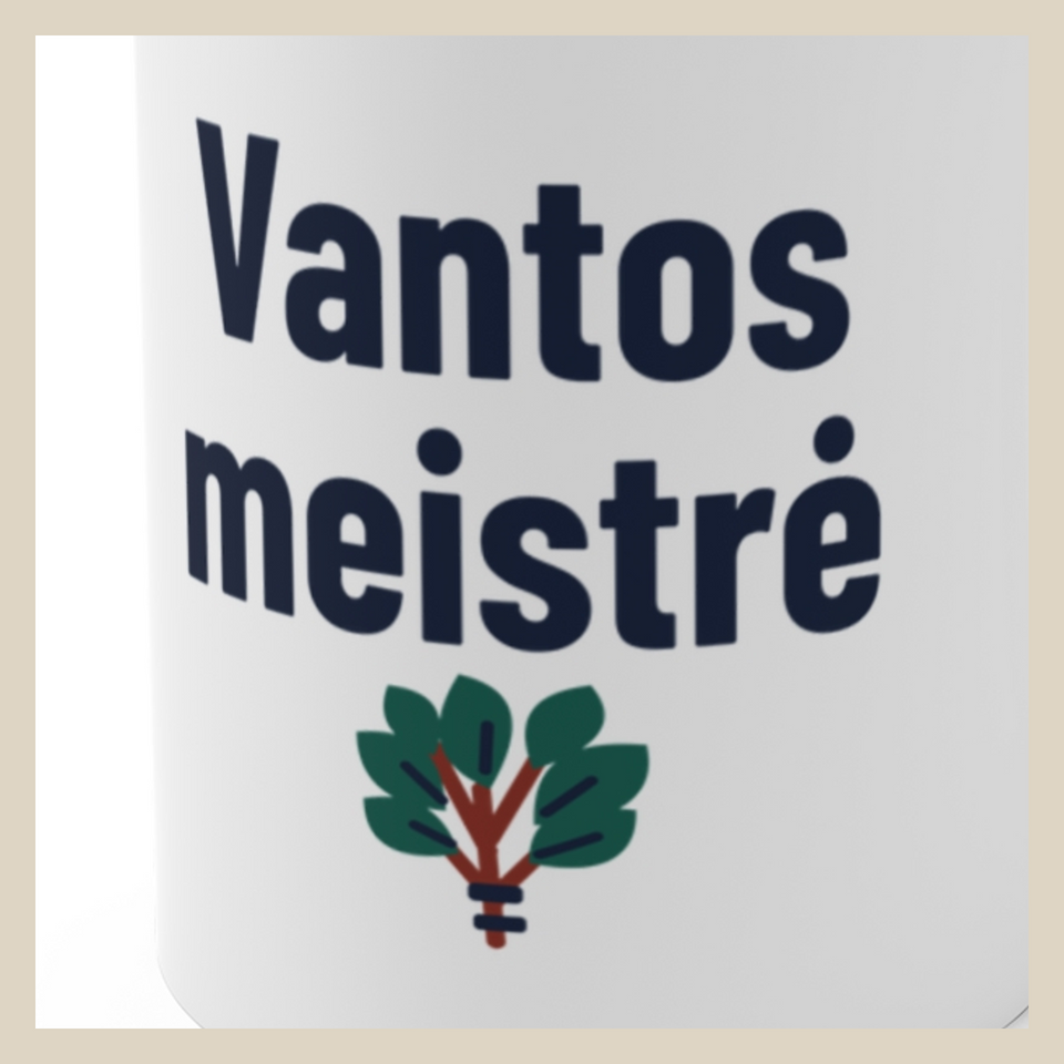 Vantos meistrė · Puodelis · Užrašo stambus planas
