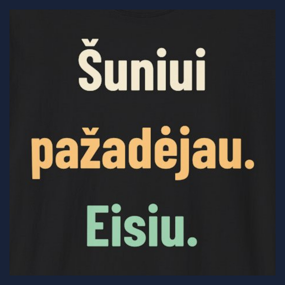 Šuniui pažadėjau. Eisiu. · Marškinėliai · Užrašo stambus planas