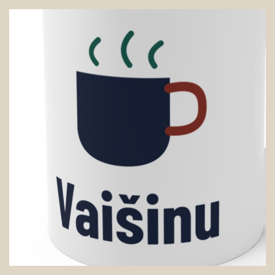 Vaišinu · Puodelis · Užrašo stambus planas