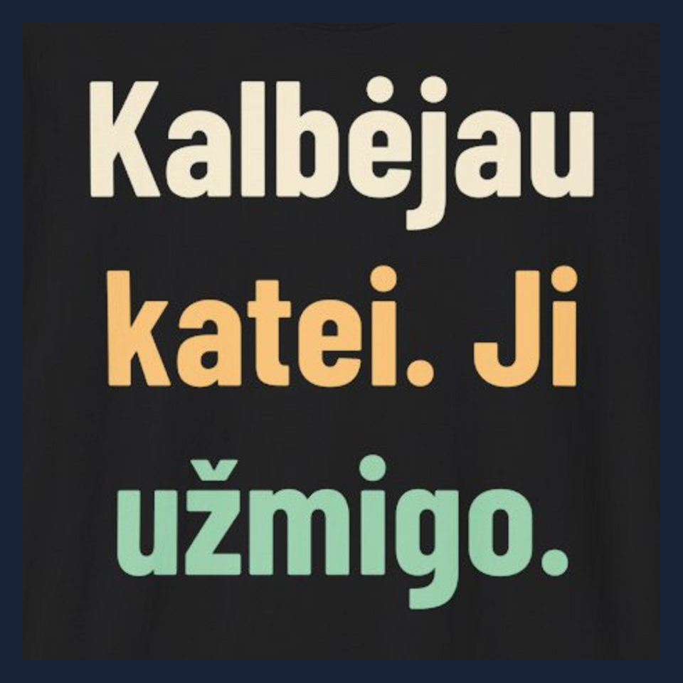Kalbėjau katei. Ji užmigo. · Marškinėliai · Užrašo stambus planas
