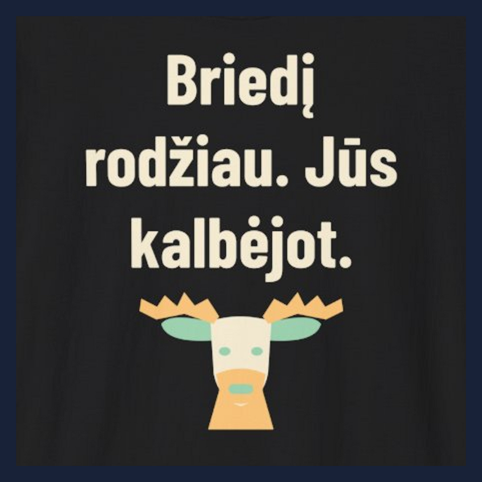 Briedį rodžiau. Jūs kalbėjot. · Marškinėliai · Užrašo stambus planas