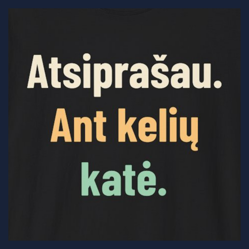 Atsiprašau. Ant kelių katė. · Marškinėliai · Užrašo stambus planas