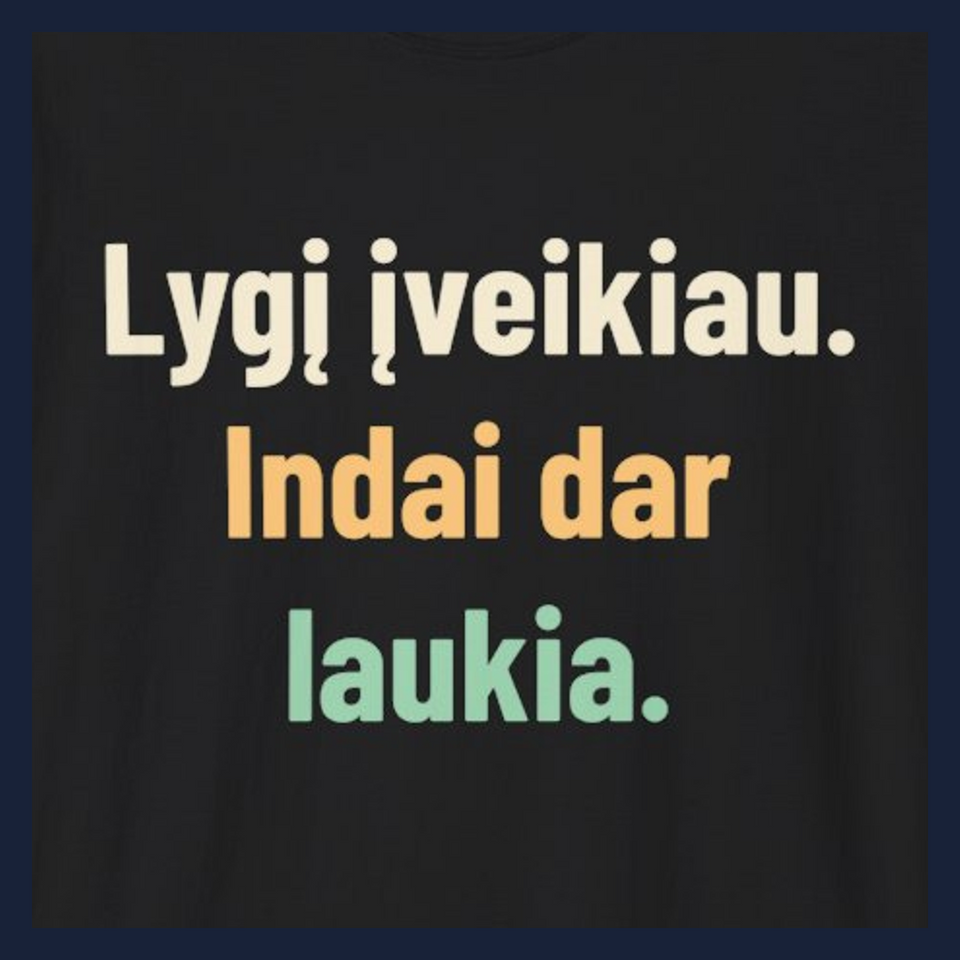 Lygį įveikiau. Indai dar laukia. · Marškinėliai · Užrašo stambus planas
