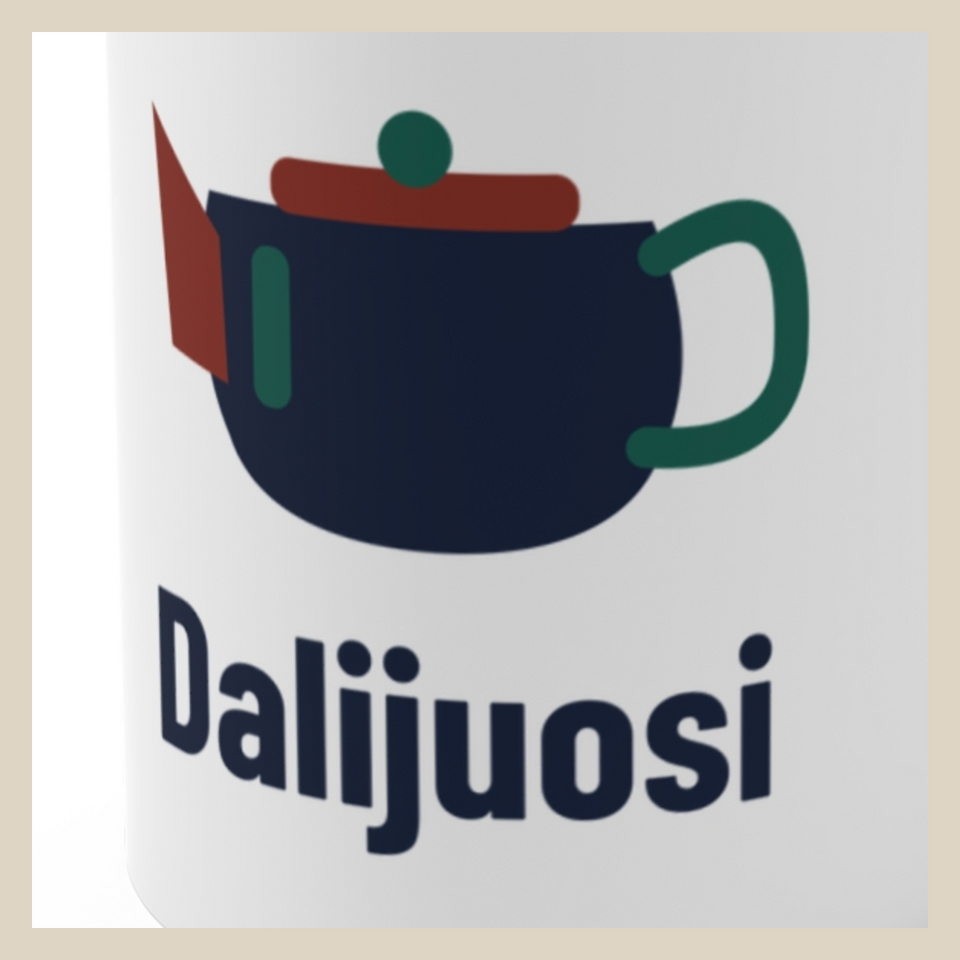 Dalijuosi · Puodelis · Užrašo stambus planas