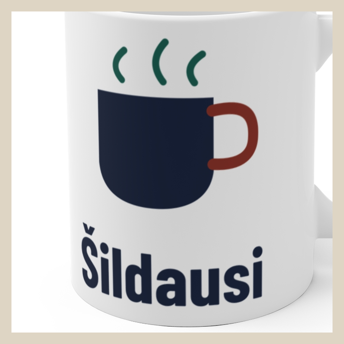 Šildausi · Puodelis · Užrašo stambus planas
