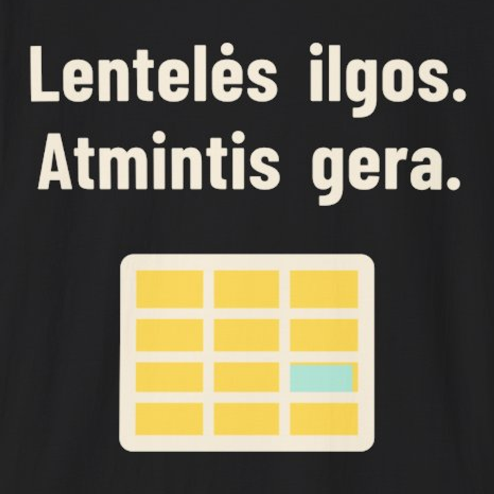 Lentelės ilgos. Atmintis gera. – Marškinėliai, spaudos detalė