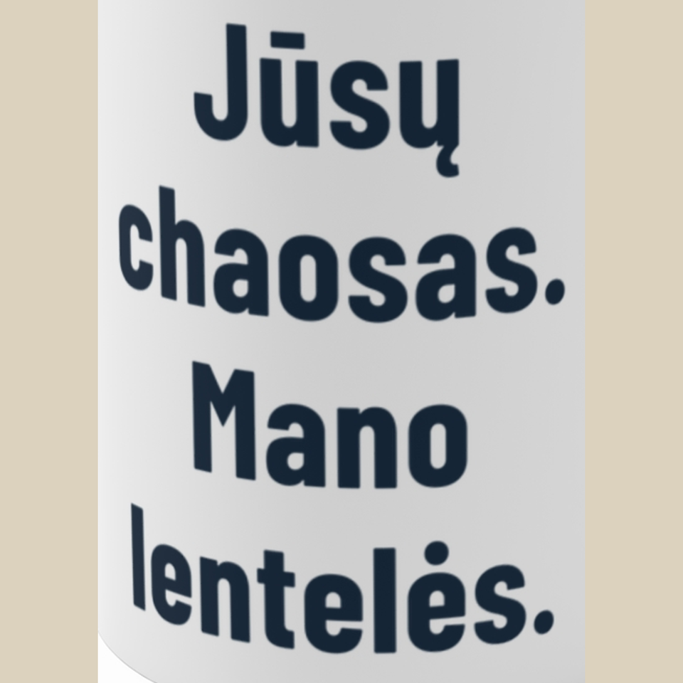 Jūsų chaosas. Mano lentelės. – Puodelis, spaudos detalė