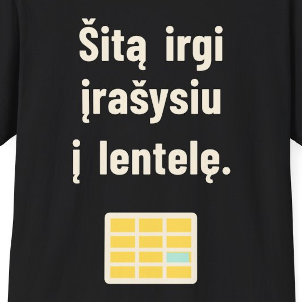 Šitą irgi įrašysiu į lentelę. – Marškinėliai, spaudos detalė