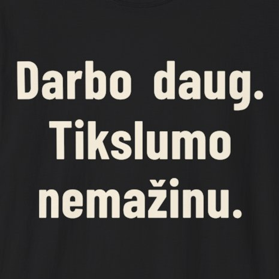 Darbo daug. Klaidų – nulis. – Darbo daug. Tikslumo nemažinu. – Marškinėliai, spaudos detalė