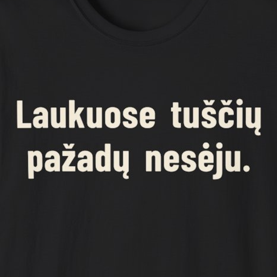 Laukuose tuščių pažadų nesėju. – Marškinėliai, spaudos detalė
