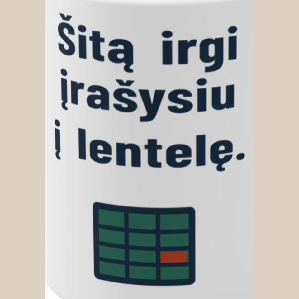 Šitą irgi įrašysiu į lentelę. – Puodelis, spaudos detalė