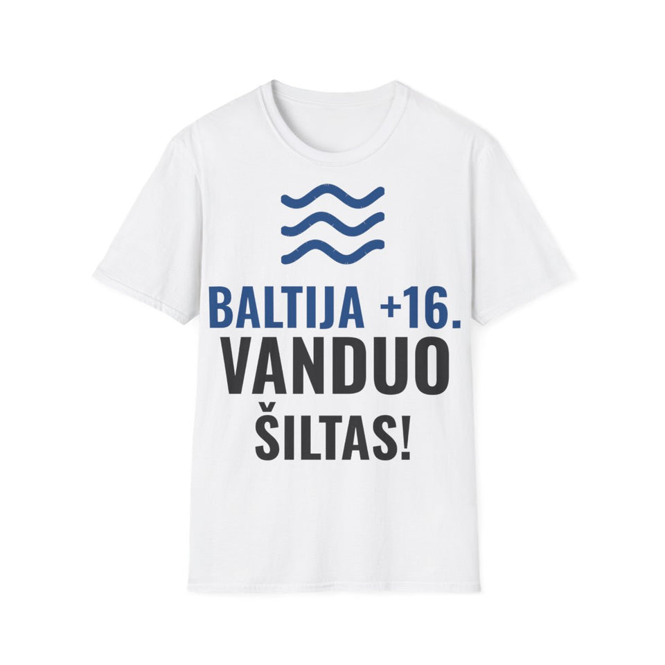 Baltija +16. Vanduo šiltas! — Marškinėliai; maketas 2, vaizdas iš priekio