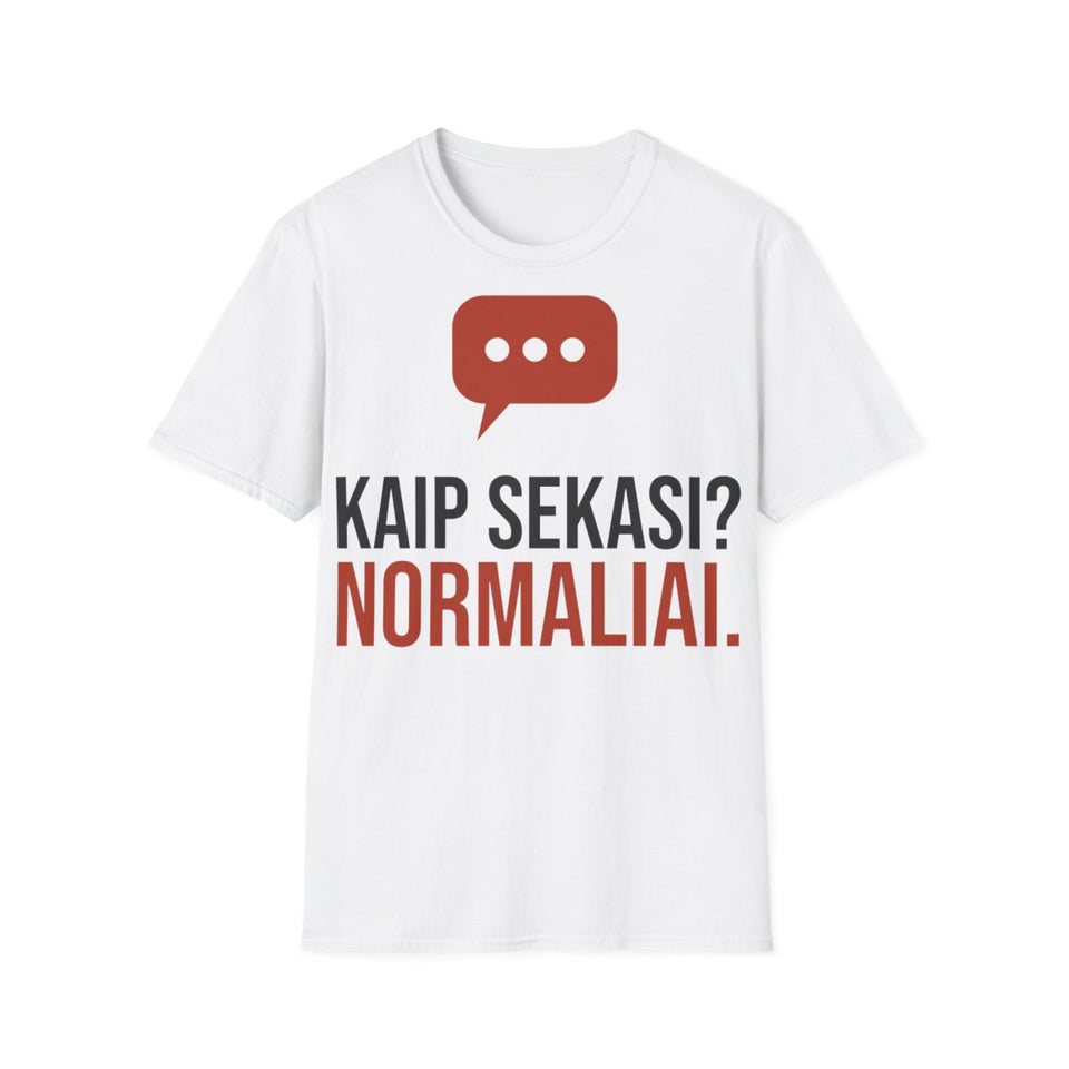 Kaip sekasi? Normaliai. — Marškinėliai; maketas 2, vaizdas iš priekio