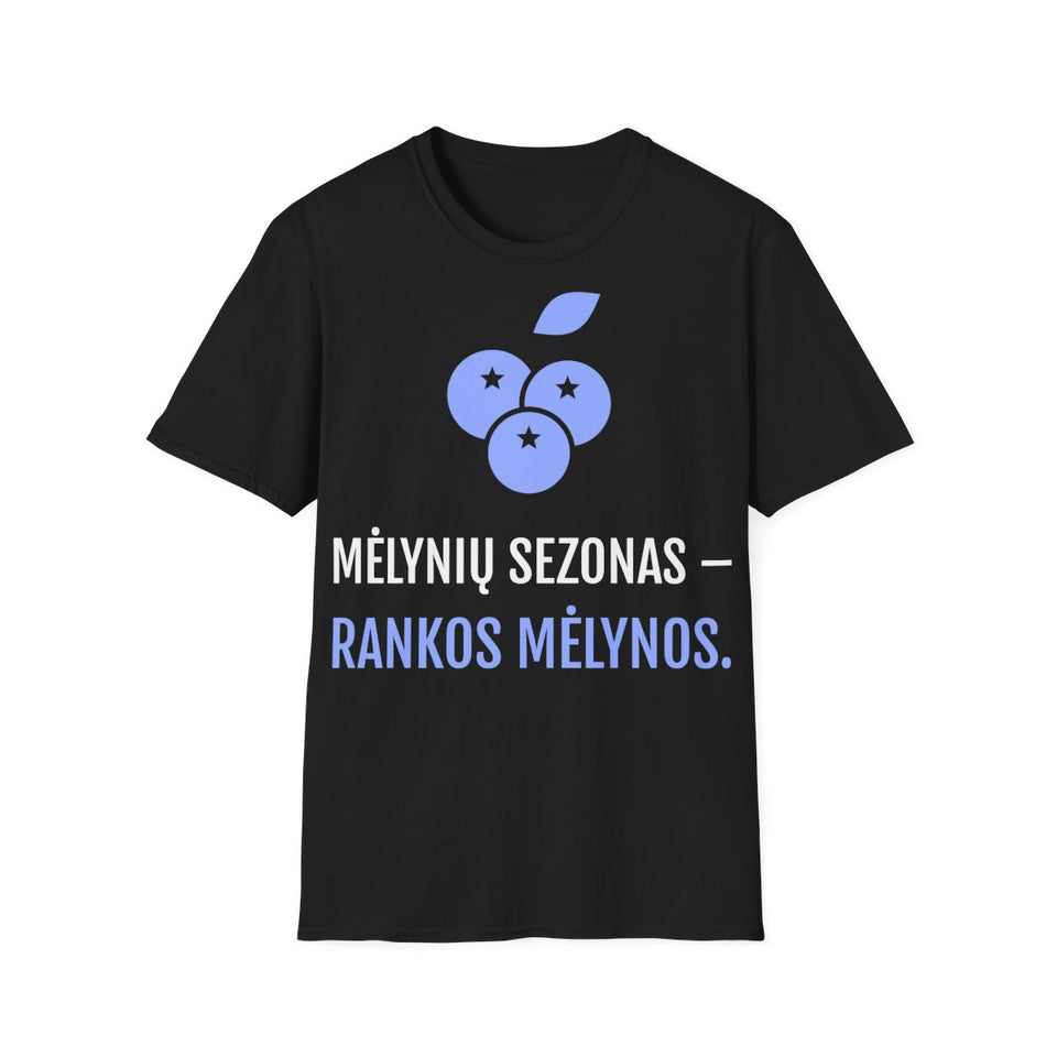 Mėlynių sezonas – rankos mėlynos — Marškinėliai; maketas 1, vaizdas iš priekio