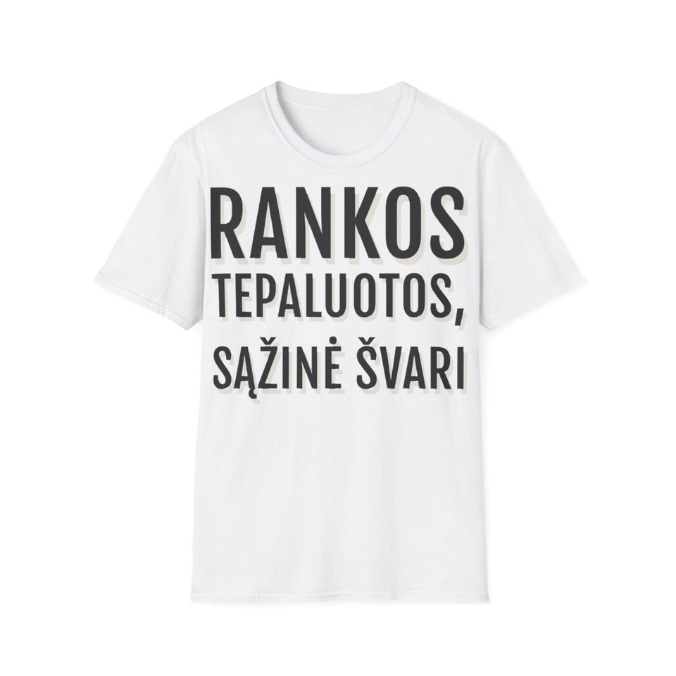 Marškinėliai „Rankos tepaluotos, sąžinė švari“ – balta
