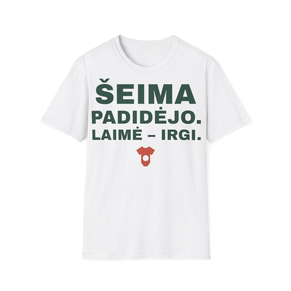 Šeima padidėjo. Laimė – irgi. — Marškinėliai, spaudos pusė