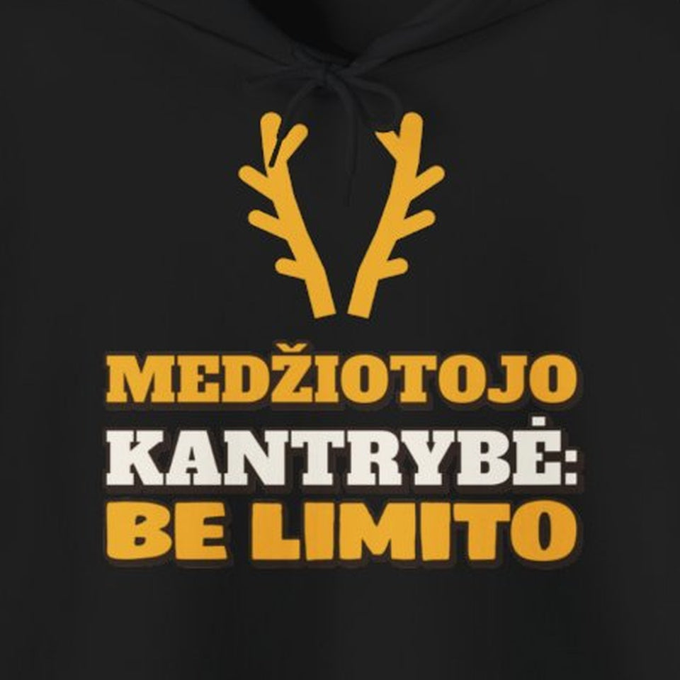 Džemperis su gobtuvu „Medžiotojo kantrybė: be limito“ – užrašo artimas planas