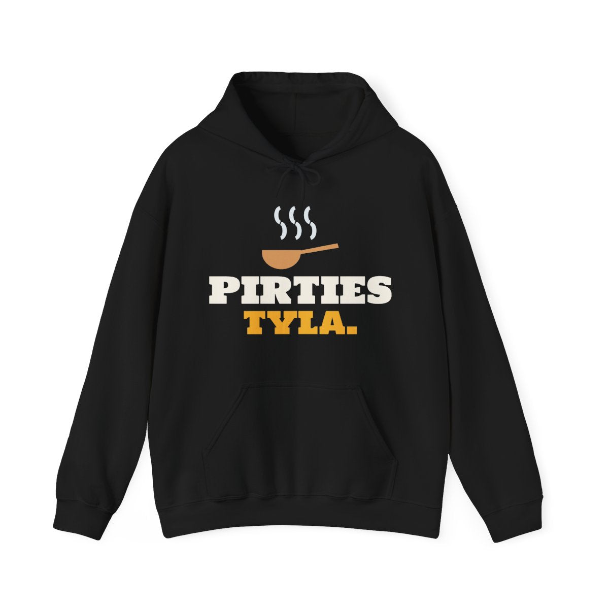 Pirties tyla – juodas džemperis su gobtuvu, priekis