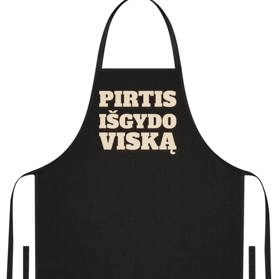 Prijuostė „Pirtis išgydo viską“, užrašas iš arti