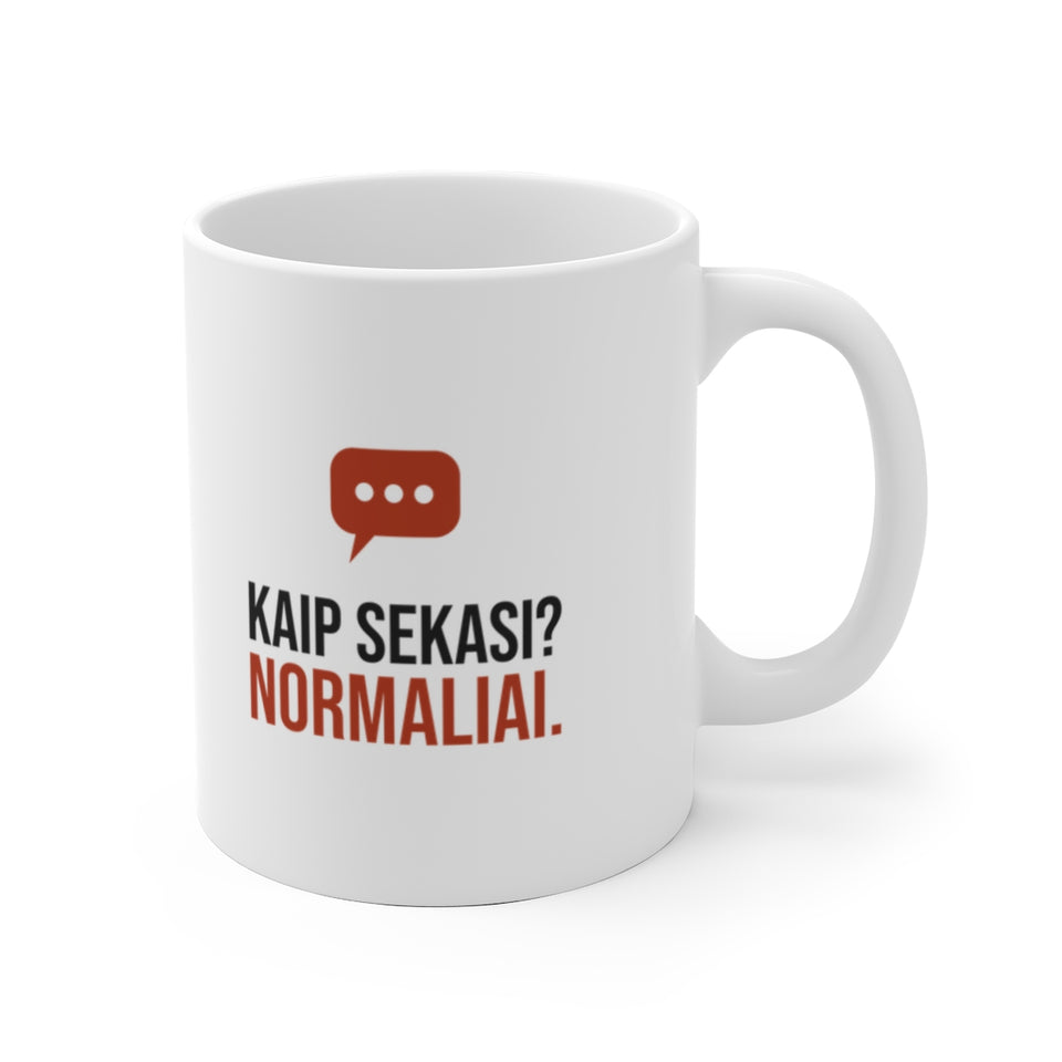 Kaip sekasi? Normaliai. — Puodelis; maketas 1, vaizdas iš priekio