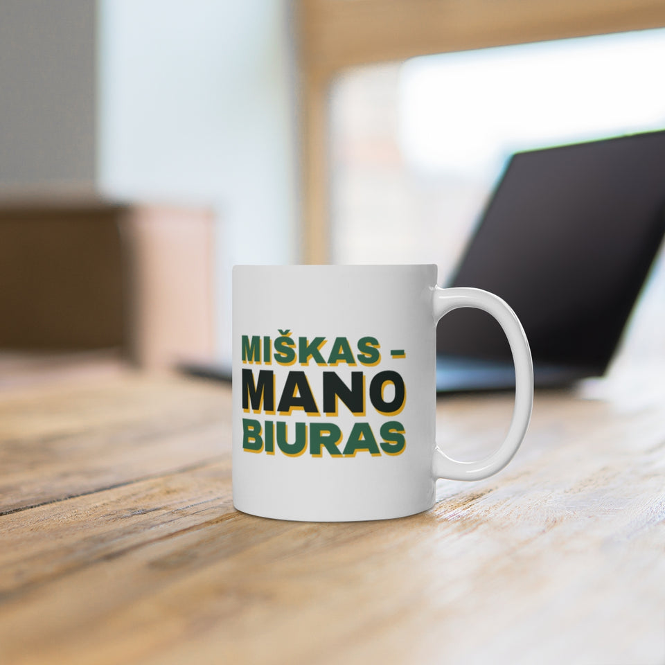 Puodelis „Miškas – mano biuras“ – ant stalo