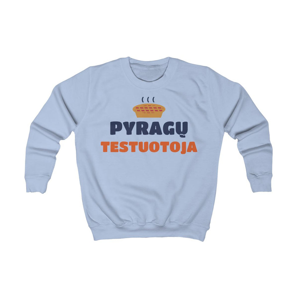 Pyragų testuotoja – vaikiškas džemperis, dangaus mėlyna spalva, priekis