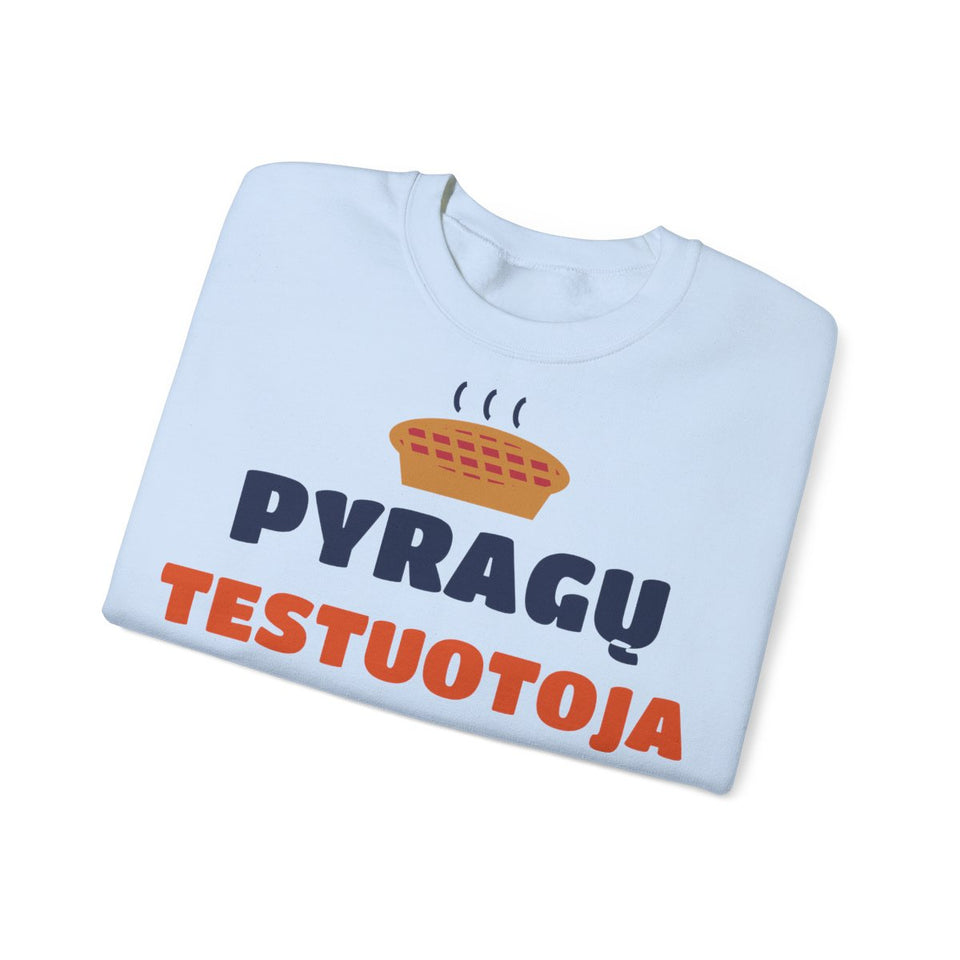 Pyragų testuotoja – džemperis, šviesiai mėlyna spalva, sulankstyti