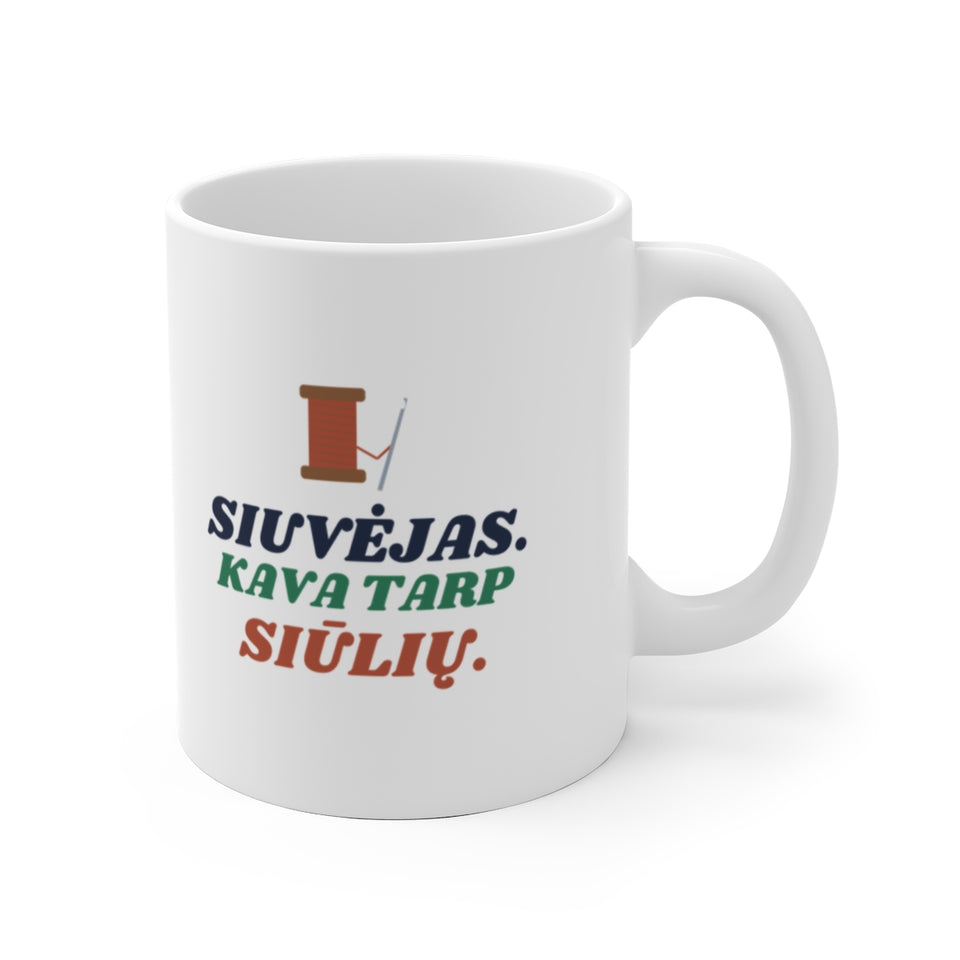 Siuvėjas. Kava tarp siūlių. – puodelis, spaudos vaizdas