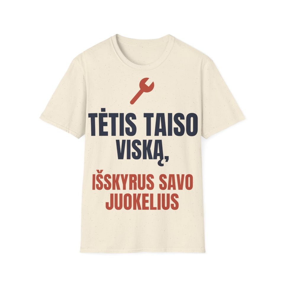 Tėtis taiso viską, išskyrus savo juokelius – natūralios spalvos marškinėliai, priekis